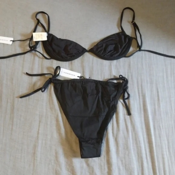 WeWoreWhat Ruched Underwire Bikini Top High Leg Tie Side Bottoms Black - Picture 3 of 12